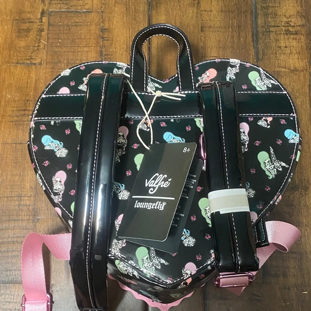 Loungefly Black Heart Backpack w Pink Trim & Multicolor Tattooed Character Print